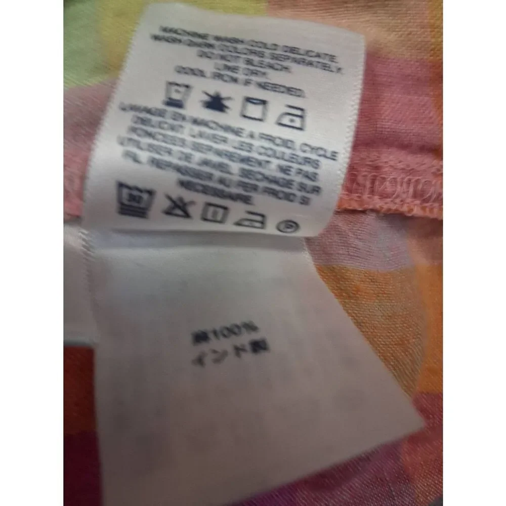 Lands end womens 1xl tab sleeve 100% linen shirt blouse plaid pink yellow - Picture 9 of 10